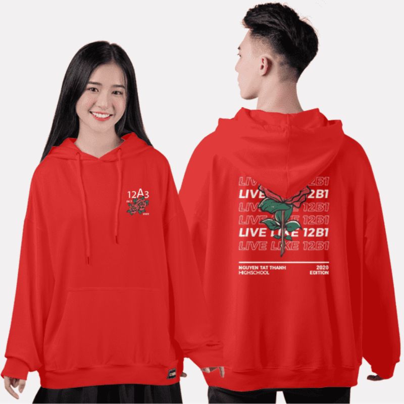 Áo lớp màu đỏ dáng hoodie cho mùa thu đông