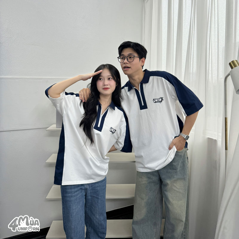 Mẫu đồng phục lớp GangZ màu trắng phối tay xanh than