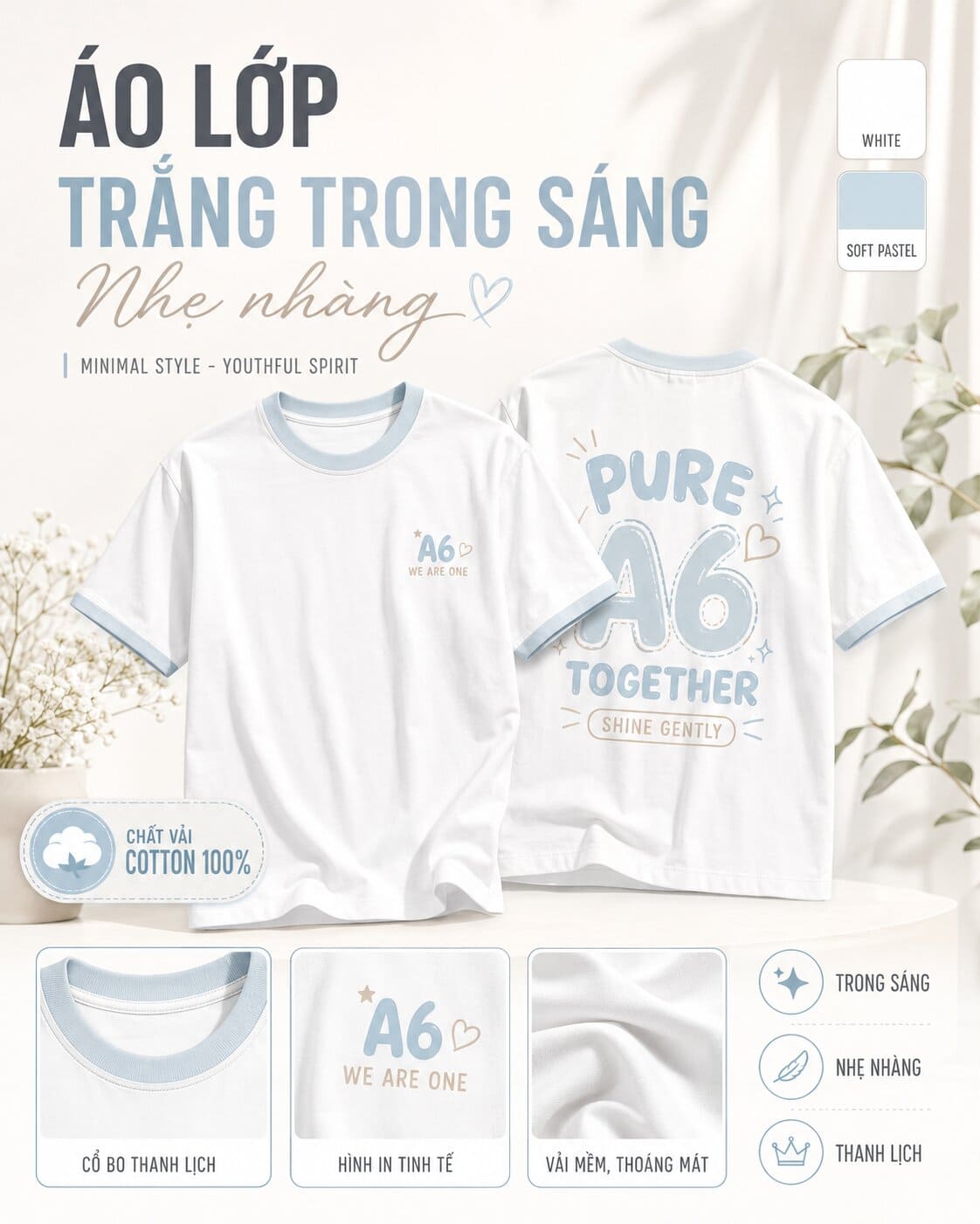 Áo lớp màu trắng mang lại vẻ trong sáng, dễ phối đồ và tôn da, giúp tập thể trông nổi bật hơn trong từng khung hình
