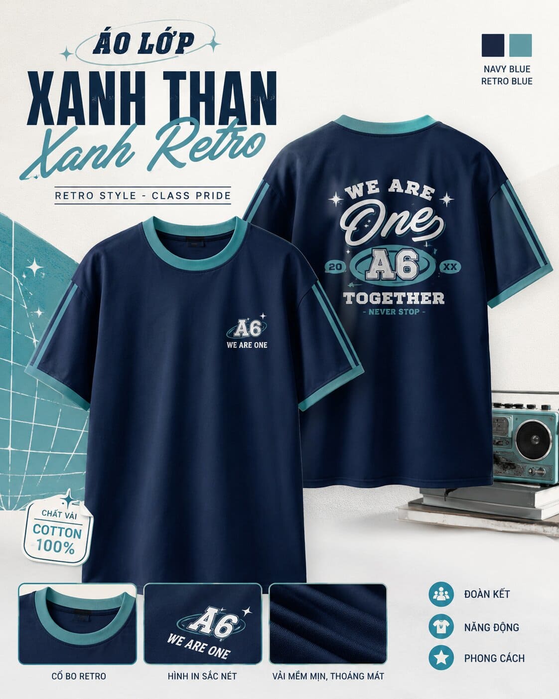 Xanh than và xanh retro là hai gam màu áo lớp vừa trend vừa dễ mặc, giúp tổng thể trông thanh lịch, cá tính và không kén da