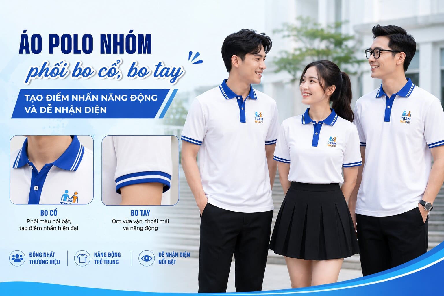 Áo polo nhóm phối bo cổ, bo tay tạo điểm nhấn năng động và dễ nhận diện