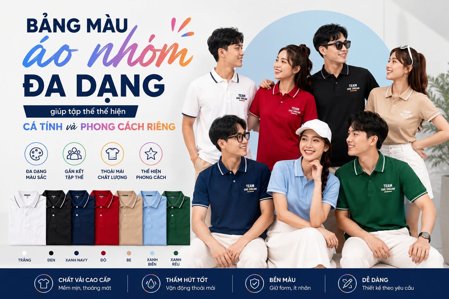 Bảng màu áo nhóm đa dạng giúp tập thể thể hiện cá tính và phong cách riêng