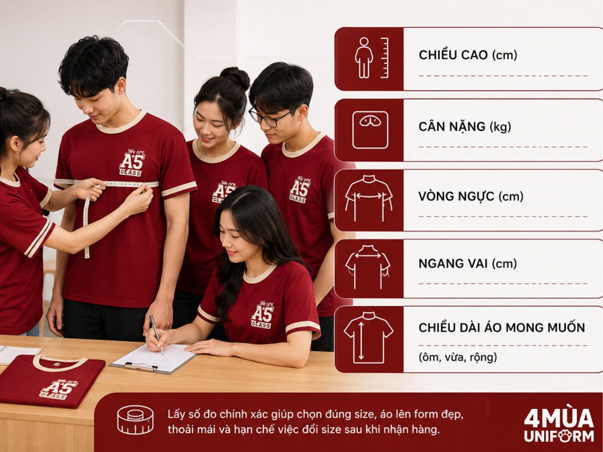 Khi chọn size áo lớp màu đỏ đô cần lấy số cơ thể của các thành viên